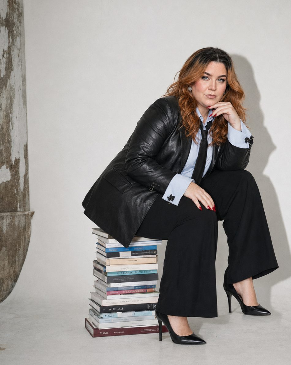 Allie Fern seated on a stack of books in a leather blazer and heels, chin resting on one hand